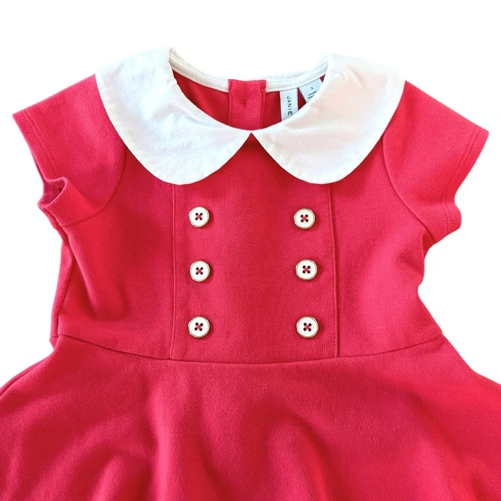 Janie and Jack Peter Pan Ponte Knit Dress Sz 3 Red Preppy School Annie Costume